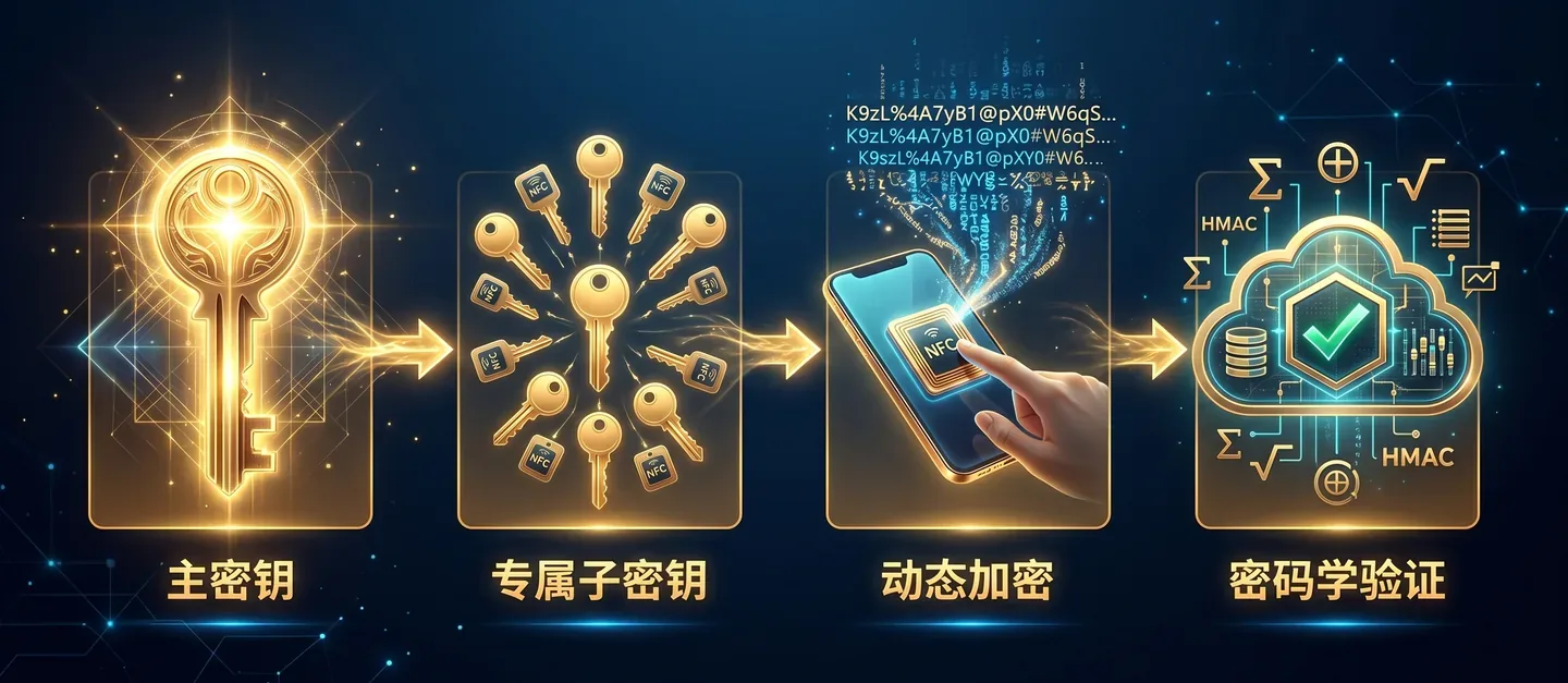 主密钥 → 专属子密钥 → 动态加密 → 密码学验证 流程